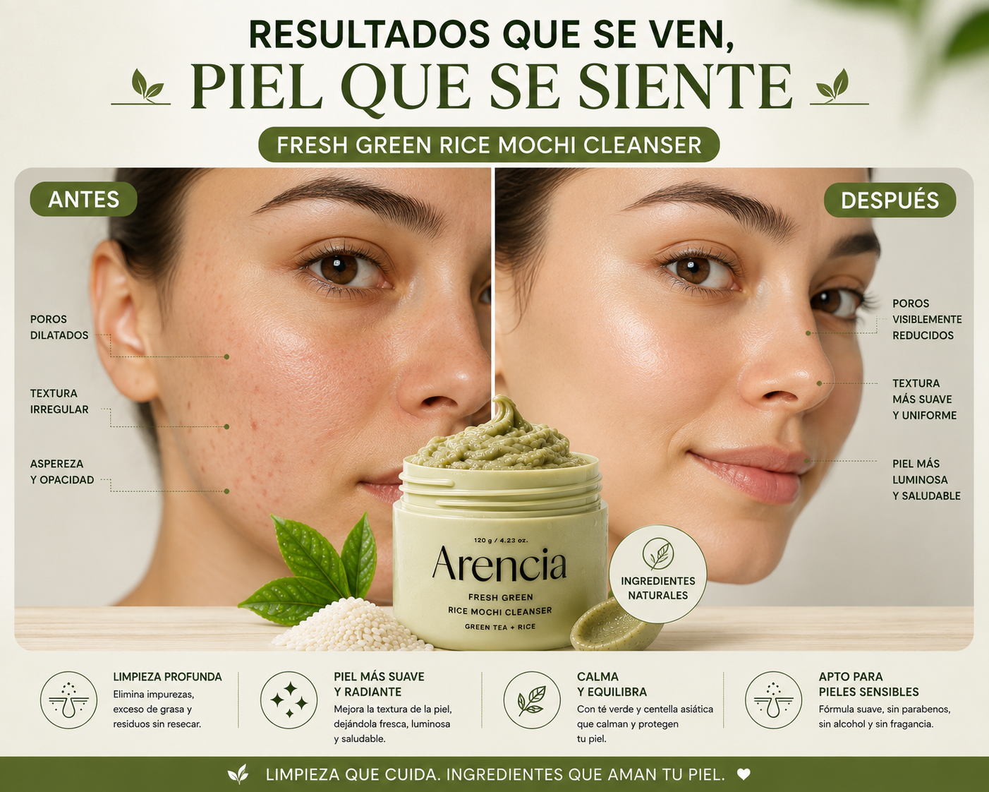 Resultados antes y después del Fresh Green Rice Mochi Cleanser de Arencia